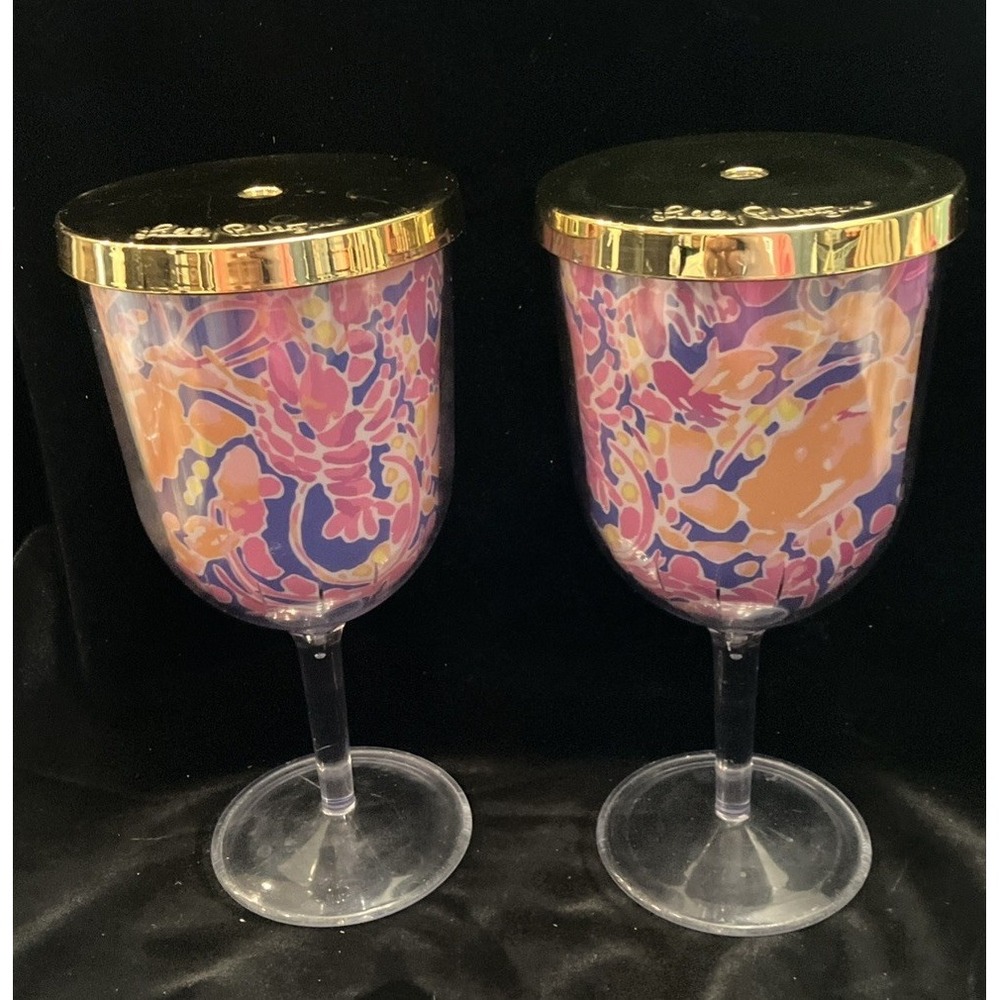Lilly Pulitzer Sip Sip Cup Catch & Release Acrylic Beach Pool Wine Glass Set (2)